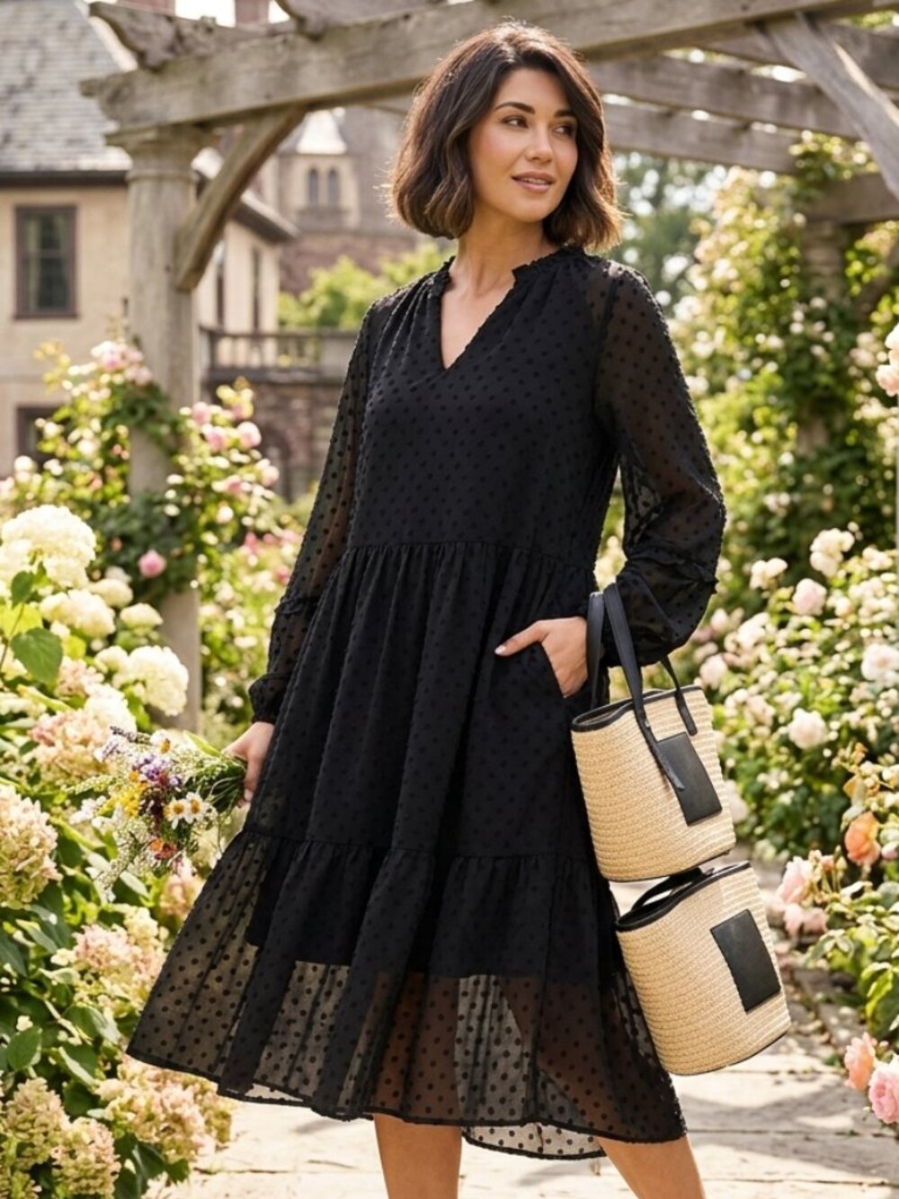 CeCe Black Tiered Chiffon Long Sleeve Dress Size 1X